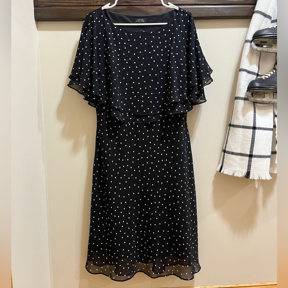 Tahari Black and White Polka Dot Midi Cape Dress Size 12